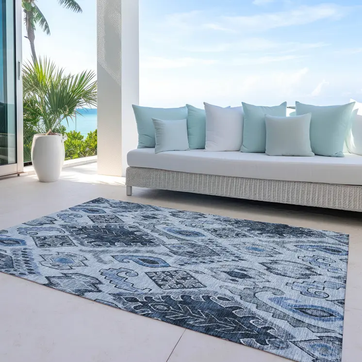 5' X 8' Denim Blue And Sky Blue Moroccan Washable Indoor Outdoor Area Rug