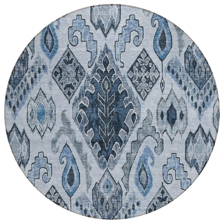 8' Denim Blue And Sky Blue Round Moroccan Washable Indoor Outdoor Area Rug