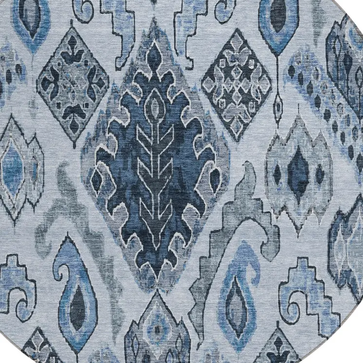 8' Denim Blue And Sky Blue Round Moroccan Washable Indoor Outdoor Area Rug