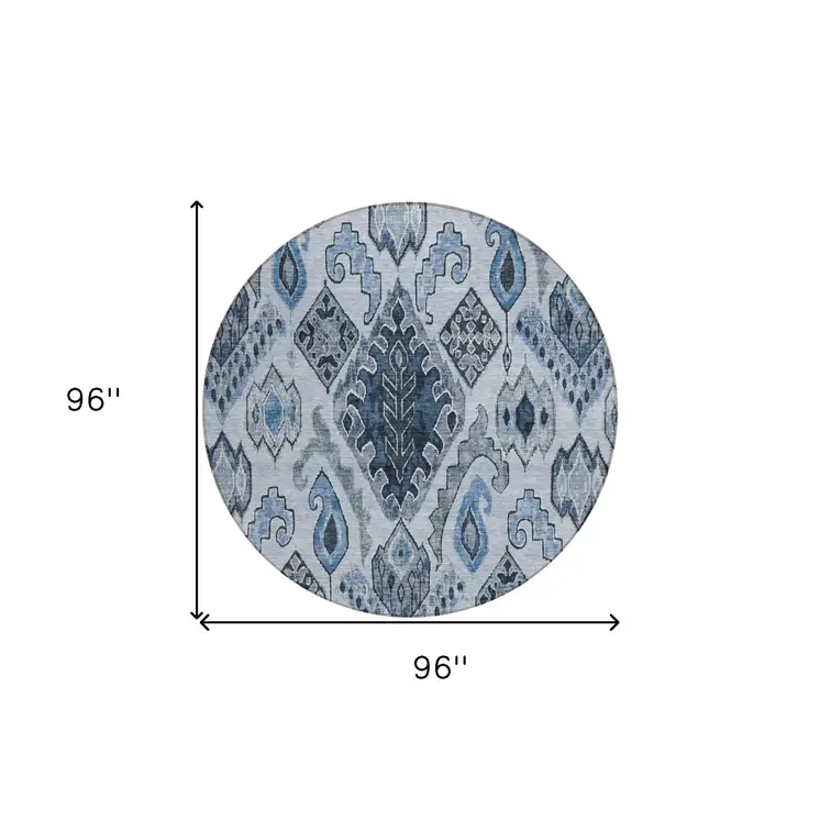 8' Denim Blue And Sky Blue Round Moroccan Washable Indoor Outdoor Area Rug