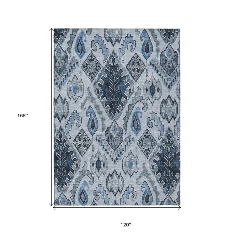 10' X 14' Denim Blue And Sky Blue Moroccan Washable Indoor Outdoor Area Rug