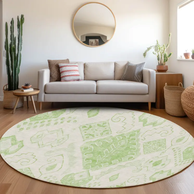 8' Artichoke Green Mint Green And Ivory Round Moroccan Washable Indoor Outdoor Area Rug