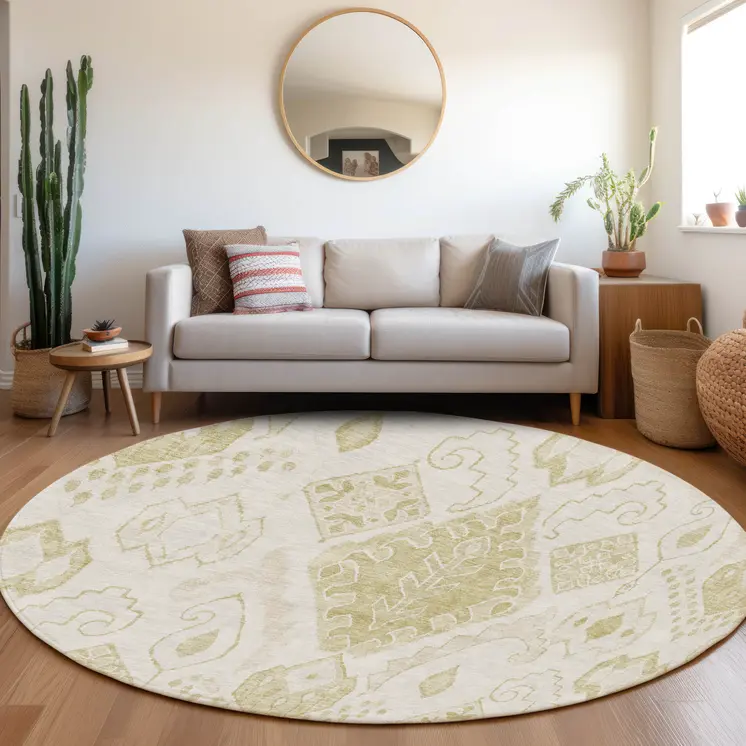 8' Beige Tan And Ivory Round Moroccan Washable Indoor Outdoor Area Rug