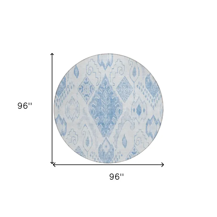 8' Denim Blue And Sky Blue Round Moroccan Washable Indoor Outdoor Area Rug