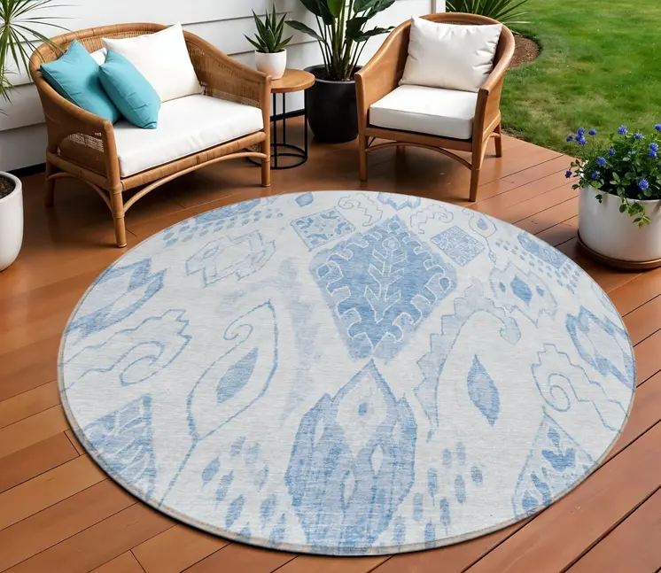 8' Denim Blue And Sky Blue Round Moroccan Washable Indoor Outdoor Area Rug