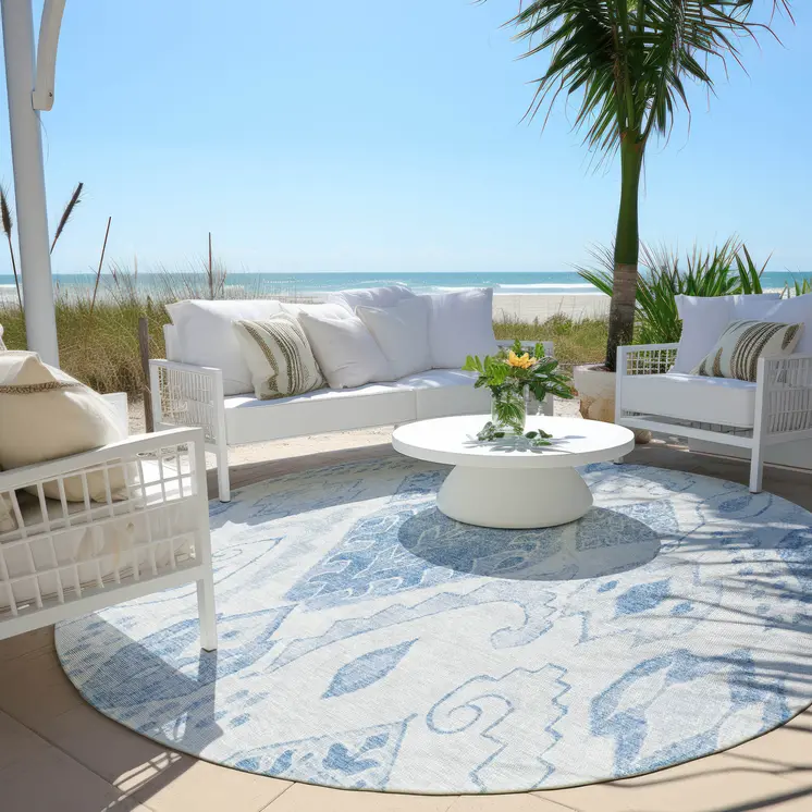 8' Denim Blue And Sky Blue Round Moroccan Washable Indoor Outdoor Area Rug