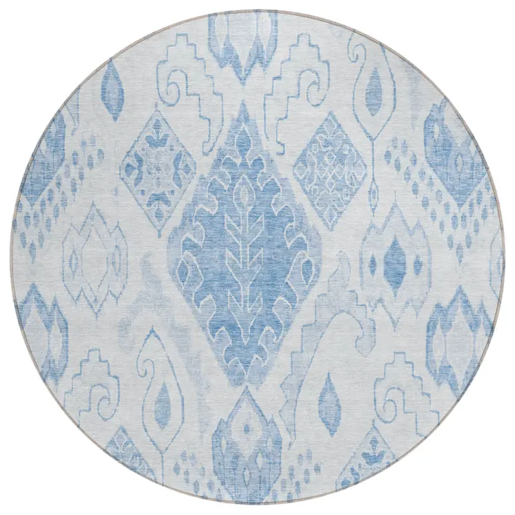 8' Denim Blue And Sky Blue Round Moroccan Washable Indoor Outdoor Area Rug