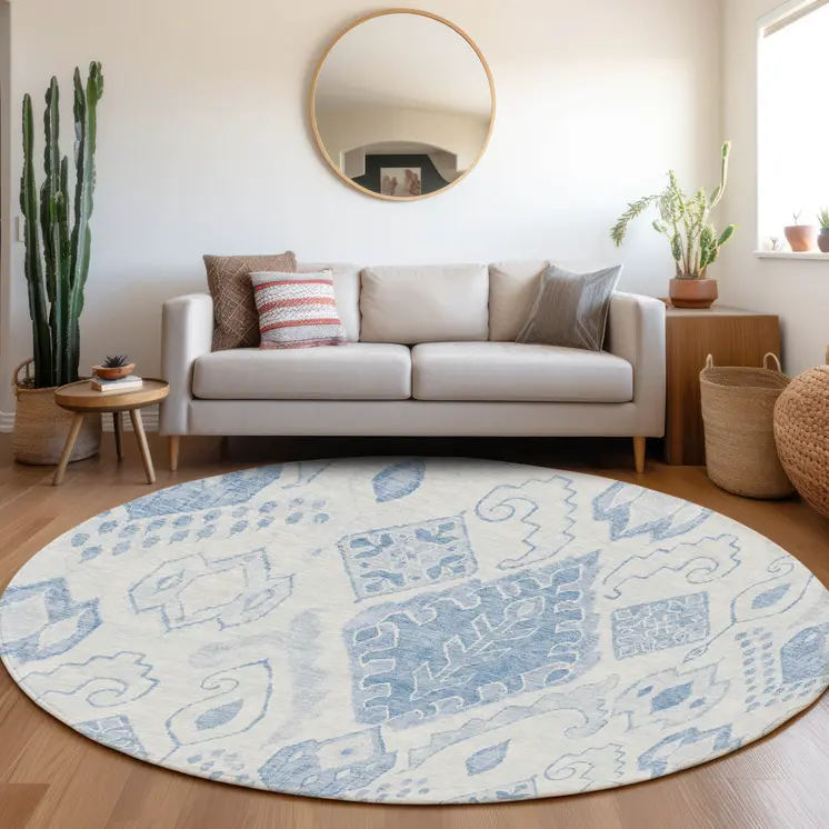 8' Denim Blue And Sky Blue Round Moroccan Washable Indoor Outdoor Area Rug