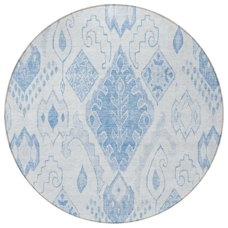 8' Denim Blue And Sky Blue Round Moroccan Washable Indoor Outdoor Area Rug