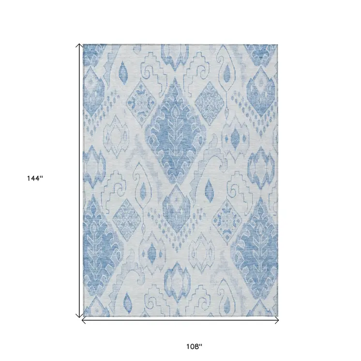 9' X 12' Denim Blue And Sky Blue Moroccan Washable Indoor Outdoor Area Rug