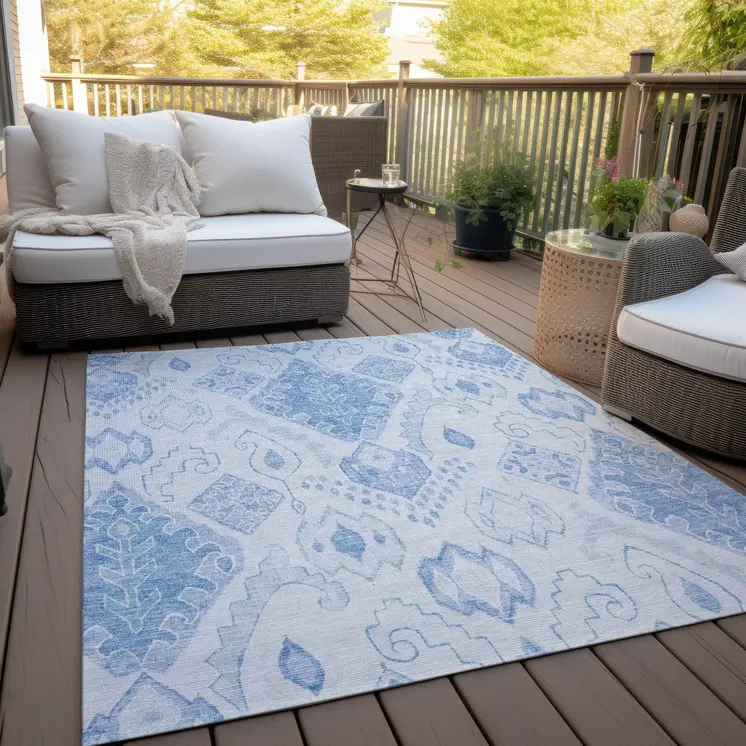 9' X 12' Denim Blue And Sky Blue Moroccan Washable Indoor Outdoor Area Rug