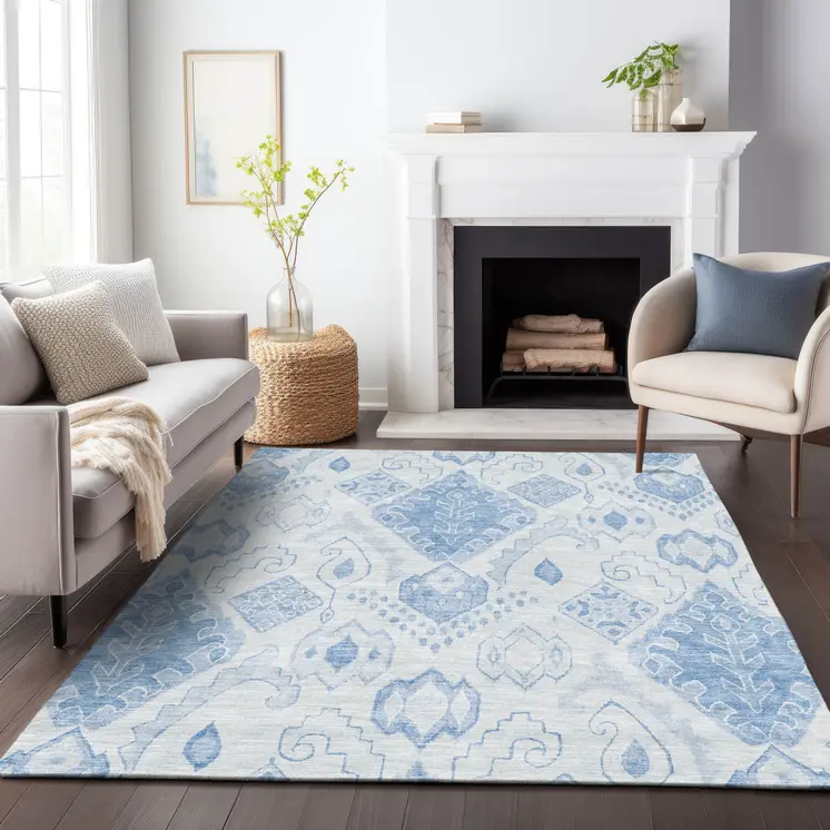 9' X 12' Denim Blue And Sky Blue Moroccan Washable Indoor Outdoor Area Rug