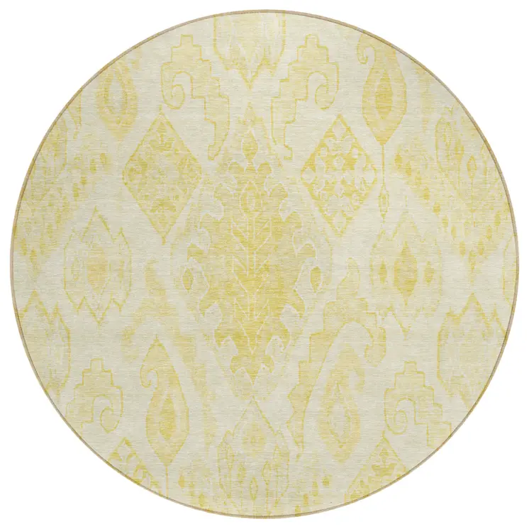 8' Gold Ivory And Beige Round Moroccan Washable Indoor Outdoor Area Rug
