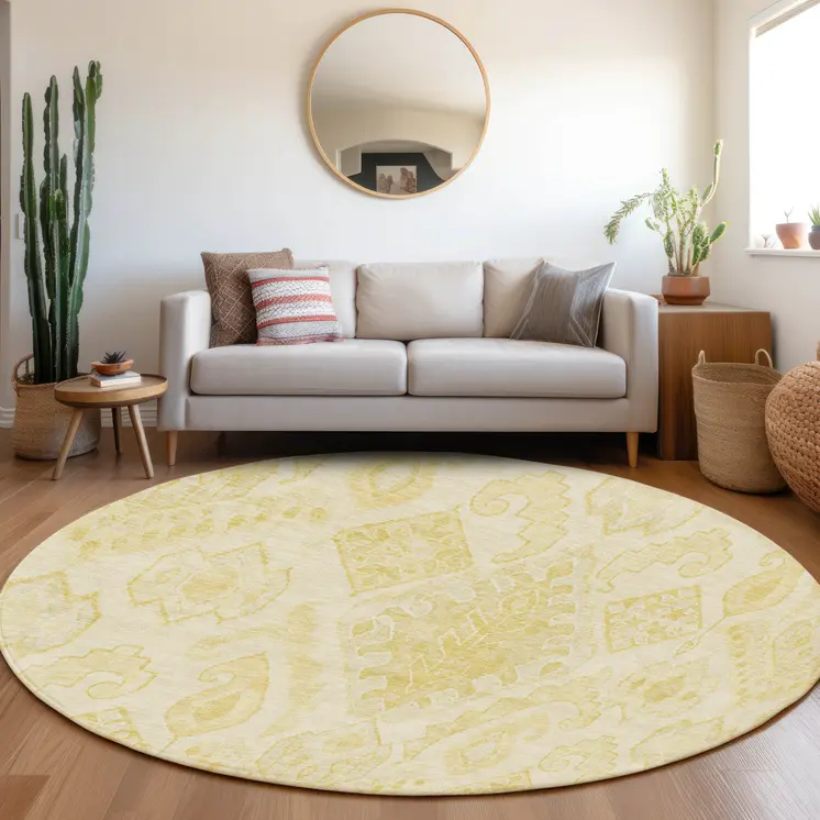 8' Gold Ivory And Beige Round Moroccan Washable Indoor Outdoor Area Rug