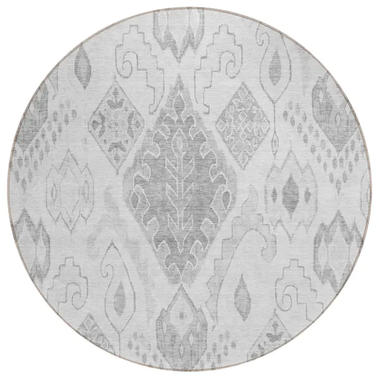 8' Silver Gray And Charcoal Round Moroccan Washable Indoor Outdoor Area Rug