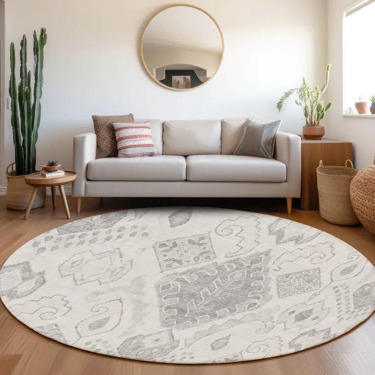 8' Silver Gray And Charcoal Round Moroccan Washable Indoor Outdoor Area Rug