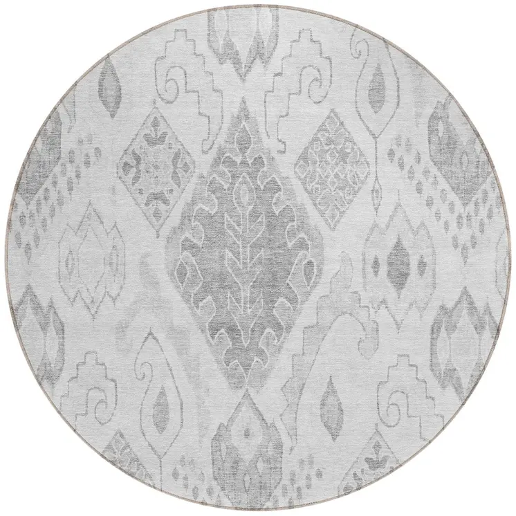 8' Silver Gray And Charcoal Round Moroccan Washable Indoor Outdoor Area Rug