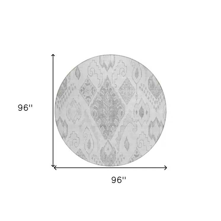 8' Silver Gray And Charcoal Round Moroccan Washable Indoor Outdoor Area Rug