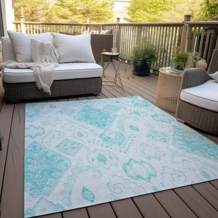 3' X 5' Teal Blue Aqua And Ivory Moroccan Washable Indoor Outdoor Area Rug