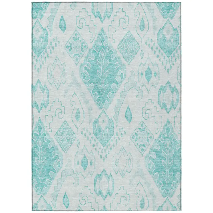3' X 5' Teal Blue Aqua And Ivory Moroccan Washable Indoor Outdoor Area Rug