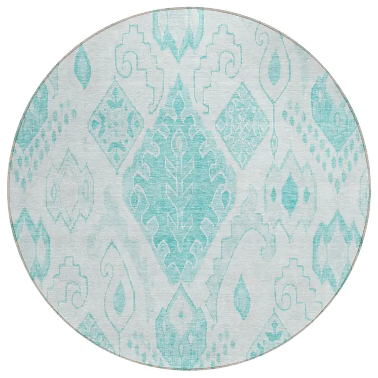 8' Teal Blue Aqua And Ivory Round Moroccan Washable Indoor Outdoor Area Rug