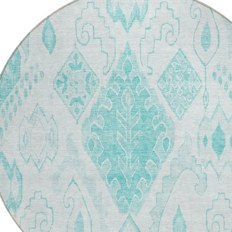 8' Teal Blue Aqua And Ivory Round Moroccan Washable Indoor Outdoor Area Rug