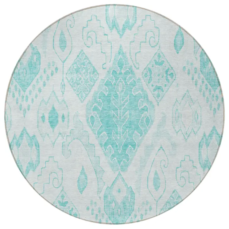 8' Teal Blue Aqua And Ivory Round Moroccan Washable Indoor Outdoor Area Rug