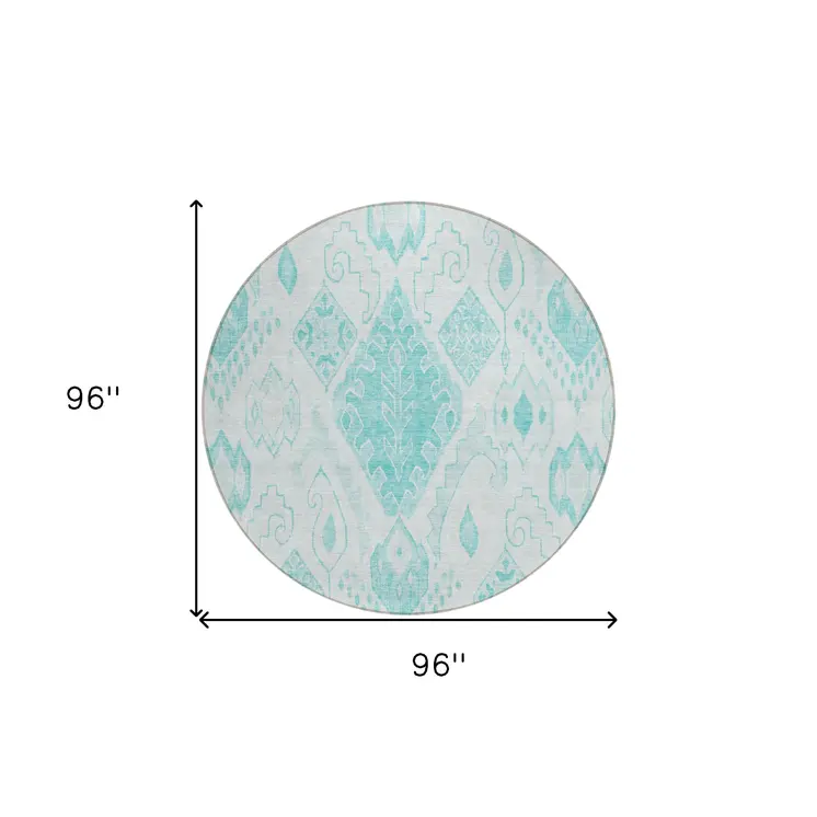 8' Teal Blue Aqua And Ivory Round Moroccan Washable Indoor Outdoor Area Rug