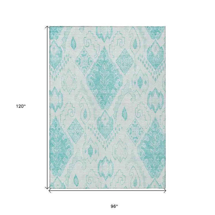 8' X 10' Teal Blue Aqua And Ivory Moroccan Washable Indoor Outdoor Area Rug