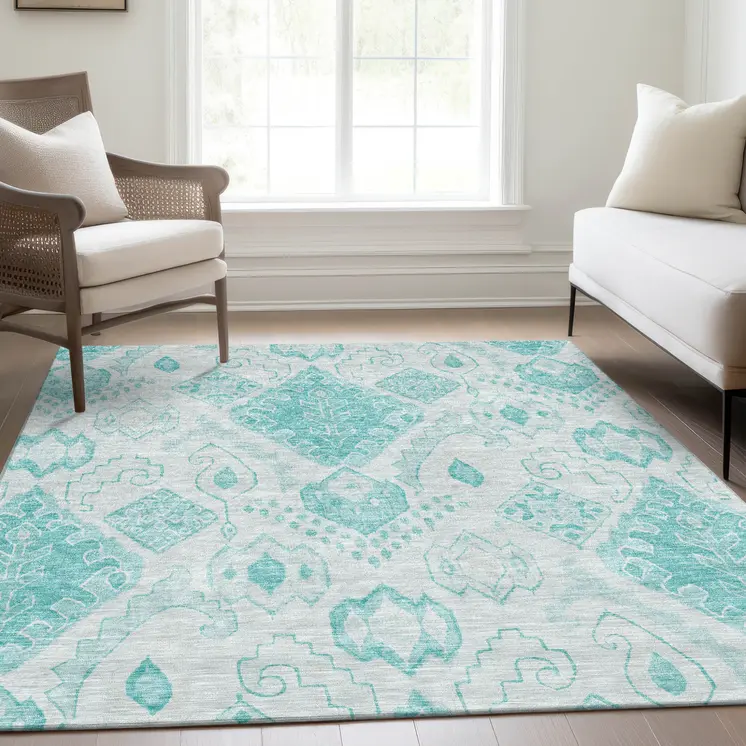 8' X 10' Teal Blue Aqua And Ivory Moroccan Washable Indoor Outdoor Area Rug