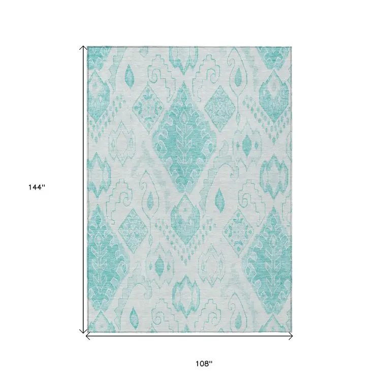 9' X 12' Teal Blue Aqua And Ivory Moroccan Washable Indoor Outdoor Area Rug