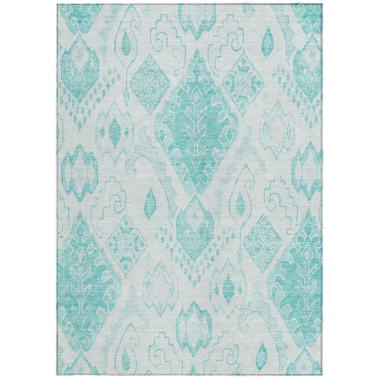 9' X 12' Teal Blue Aqua And Ivory Moroccan Washable Indoor Outdoor Area Rug