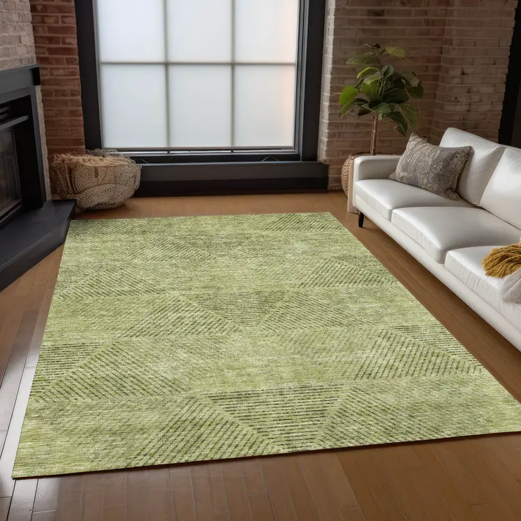 3' X 5' Artichoke Green And Fern Green Geometric Washable Indoor Outdoor Area Rug
