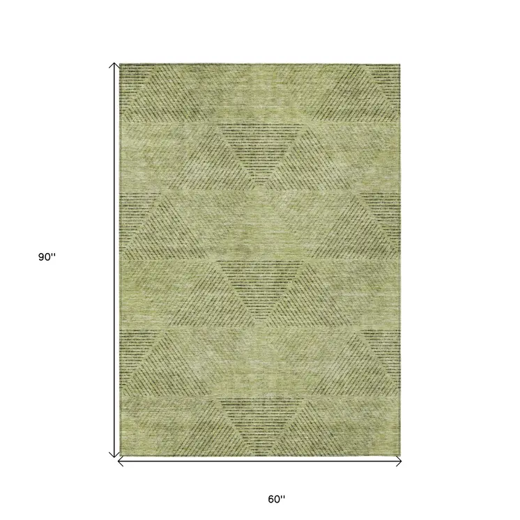 5' X 8' Artichoke Green And Fern Green Geometric Washable Indoor Outdoor Area Rug