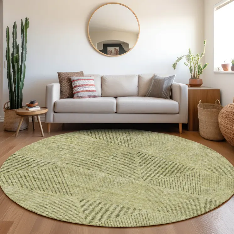 8' Artichoke Green And Fern Green Round Geometric Washable Indoor Outdoor Area Rug