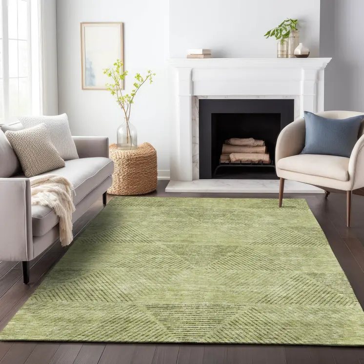 9' X 12' Artichoke Green And Fern Green Geometric Washable Indoor Outdoor Area Rug