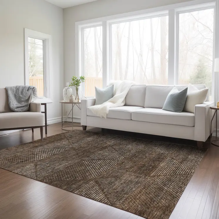 3' X 5' Brown And Taupe Geometric Washable Indoor Outdoor Area Rug