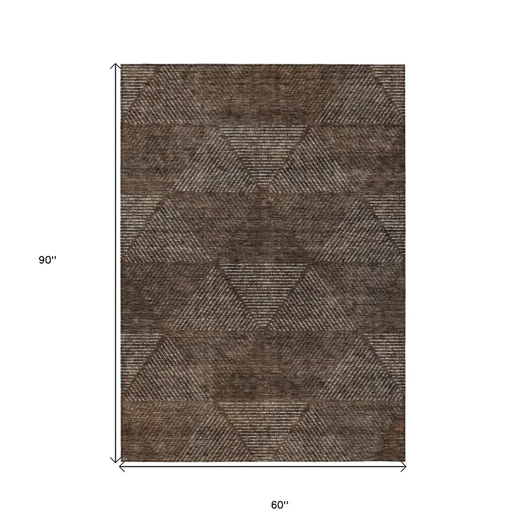 5' X 8' Brown And Taupe Geometric Washable Indoor Outdoor Area Rug