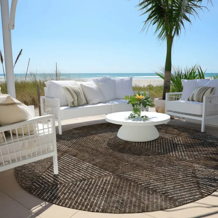 8' Brown And Taupe Round Geometric Washable Indoor Outdoor Area Rug