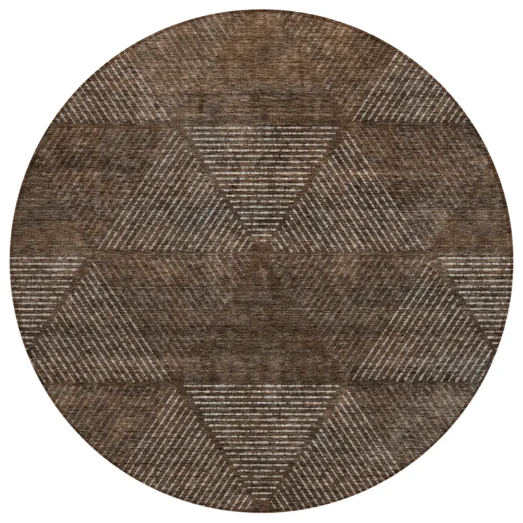 8' Brown And Taupe Round Geometric Washable Indoor Outdoor Area Rug