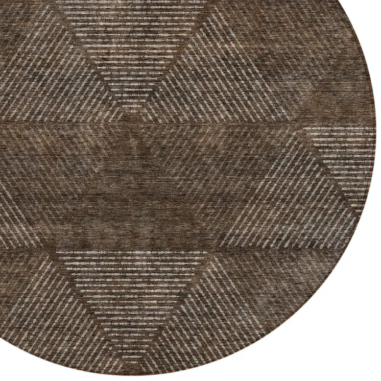 8' Brown And Taupe Round Geometric Washable Indoor Outdoor Area Rug