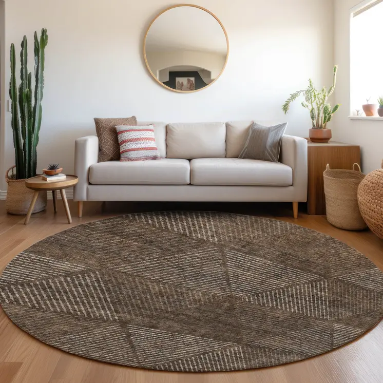 8' Brown And Taupe Round Geometric Washable Indoor Outdoor Area Rug