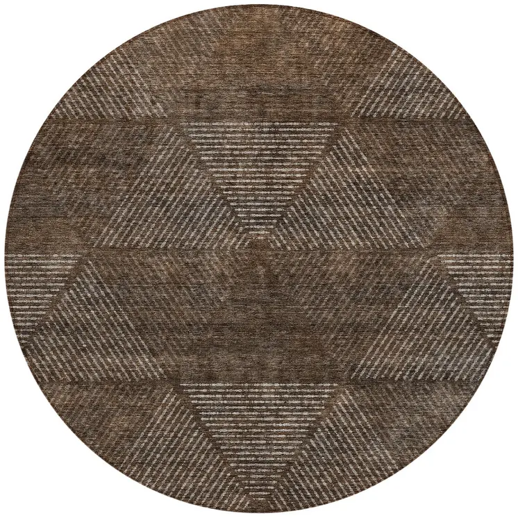 8' Brown And Taupe Round Geometric Washable Indoor Outdoor Area Rug