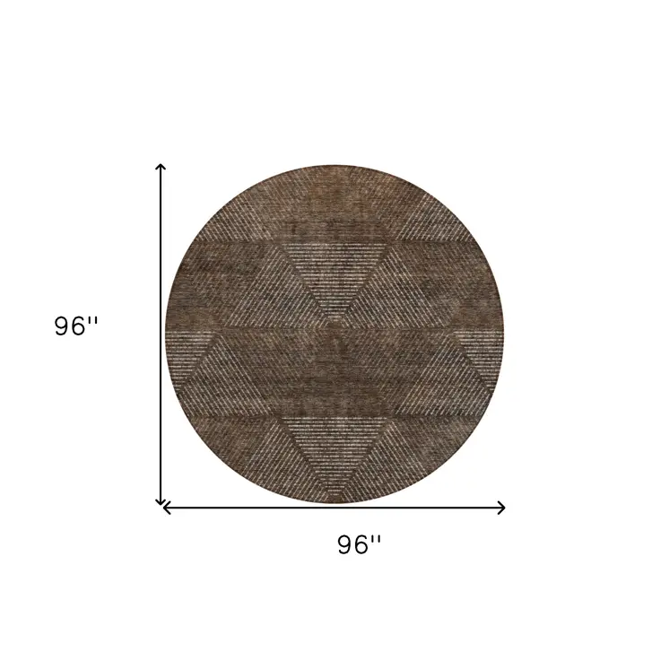8' Brown And Taupe Round Geometric Washable Indoor Outdoor Area Rug