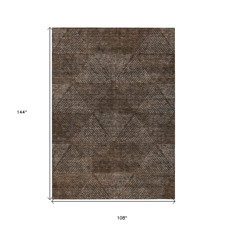 9' X 12' Brown And Taupe Geometric Washable Indoor Outdoor Area Rug