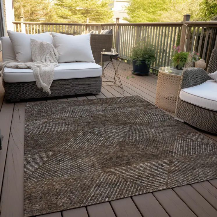 10' X 14' Brown And Taupe Geometric Washable Indoor Outdoor Area Rug