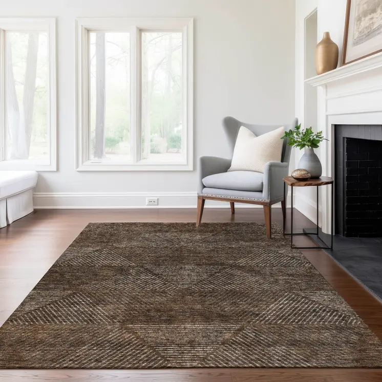 10' X 14' Brown And Taupe Geometric Washable Indoor Outdoor Area Rug