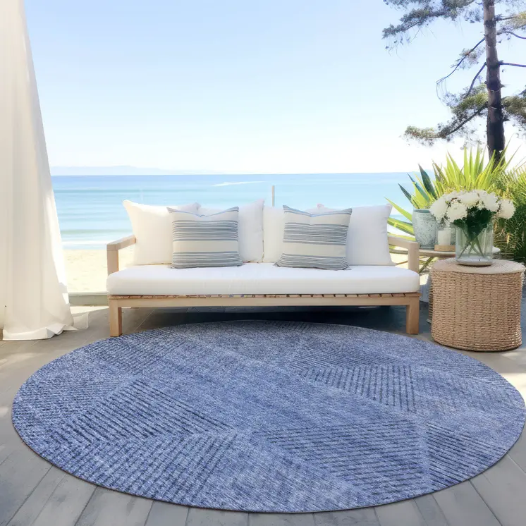 8' Denim Blue And Sky Blue Round Geometric Washable Indoor Outdoor Area Rug
