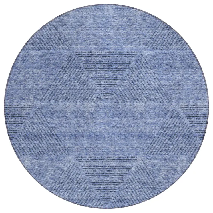 8' Denim Blue And Sky Blue Round Geometric Washable Indoor Outdoor Area Rug