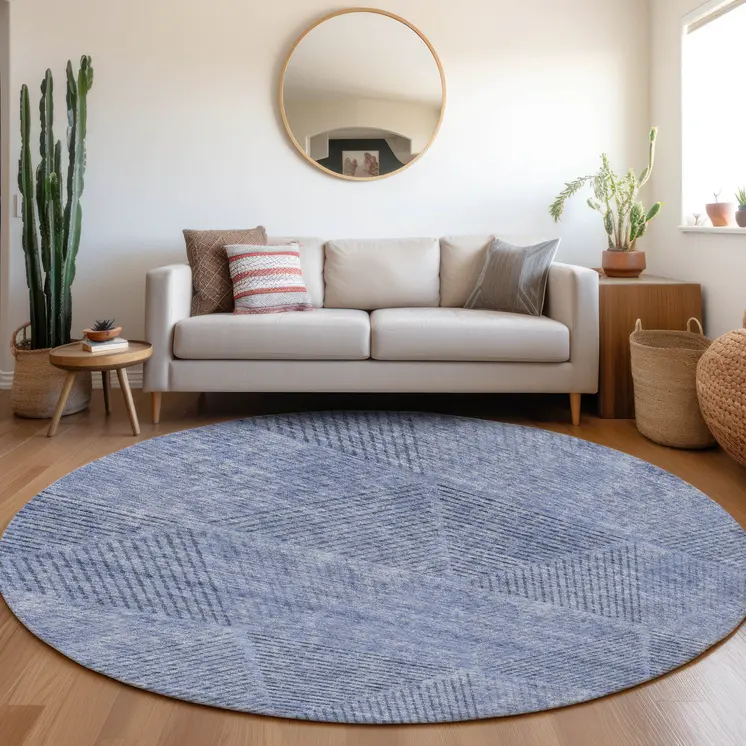 8' Denim Blue And Sky Blue Round Geometric Washable Indoor Outdoor Area Rug